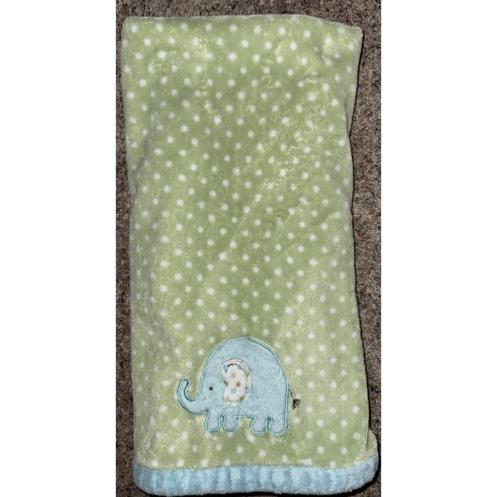 Carter's Green Polka Dot with Blue Elephant‎ Baby Blanket 27 X 37